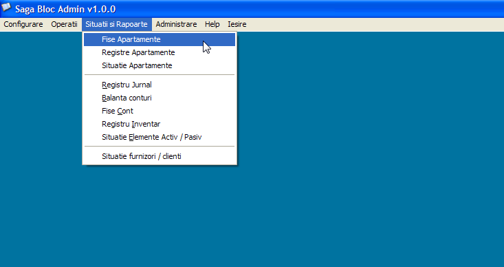 Captura de ecran in care se observa situatiile si rapoartele disponibile in programul 'Saga Bloc Admin' si anume 'Fise apartamente', 'Registre apartamente', 'Situatie apartamente', 'Registru jurnal', 'Balanta conturi', 'Fise cont', 'Registru inventar', 'Situatie elemente de activ si pasiv', 'Situatie furnizori si clienti'