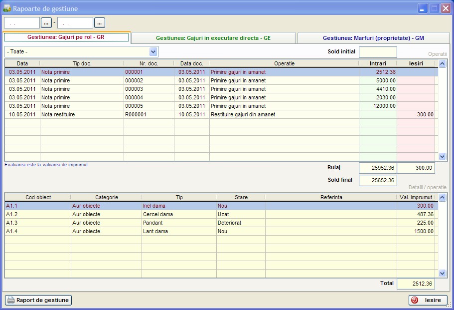 raportul de gestiune pentru gajuri pe rol, inexecutare directa si trecute preluate in gestiunea de marfuri