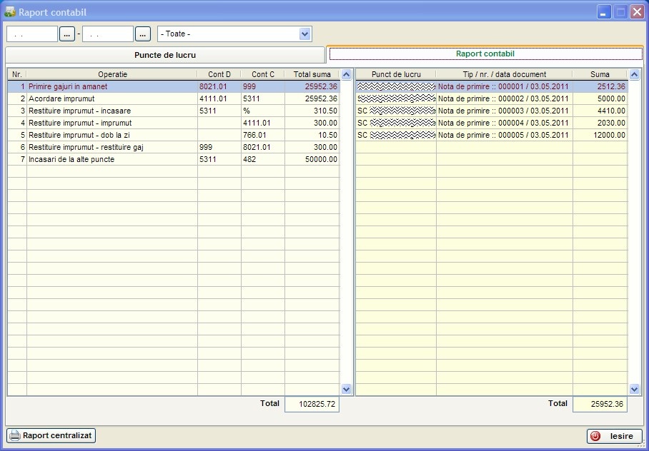 raportul contabil generat de programul saga amanet pentru punctul de lucru curent sau pentru oricare alt punct in care sunt prezentate articolele contabile in stanga cu sumele aferente conform operatiilor efectuate iar pentru fiecare articol in parte, sunt afisate documentele care au dus la formarea articolului