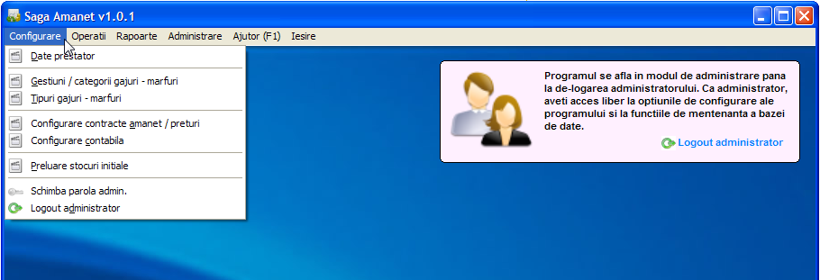 administratorul este cel care configureaza programul saga amanet pentru fiecare punct in parte