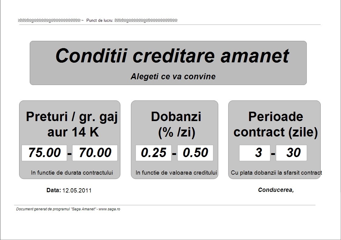 propunete de afis publicitar care atrage potentialii clienti prin diversitatea ofertei de creditare in regim de amanet practicata de aceasta casa de amanet