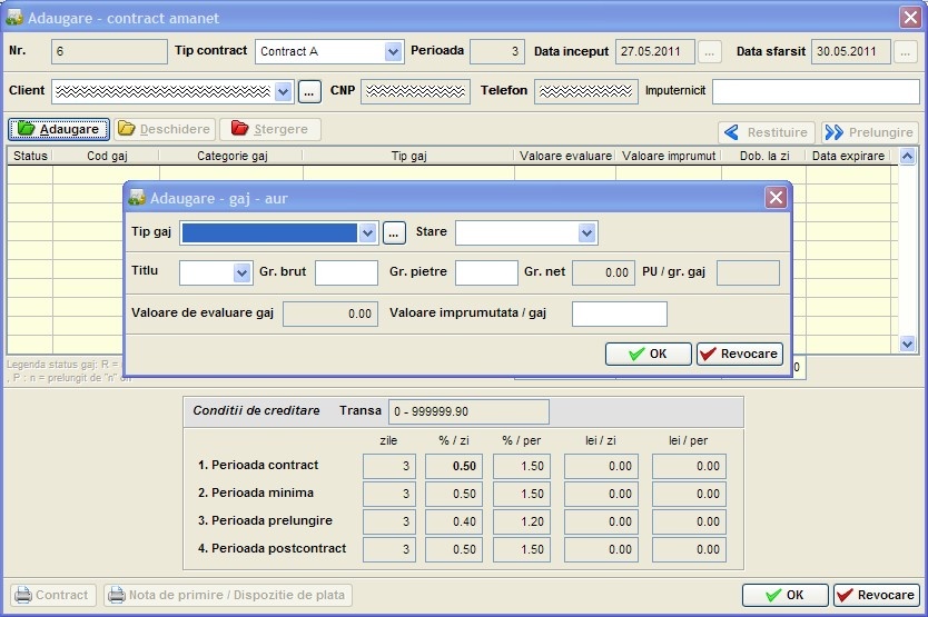 Crearea unui contract nou, cu optiunea de selectare a tipului de contract, introcerea gajurilor si selectarea automata a procentelor in functie de transe