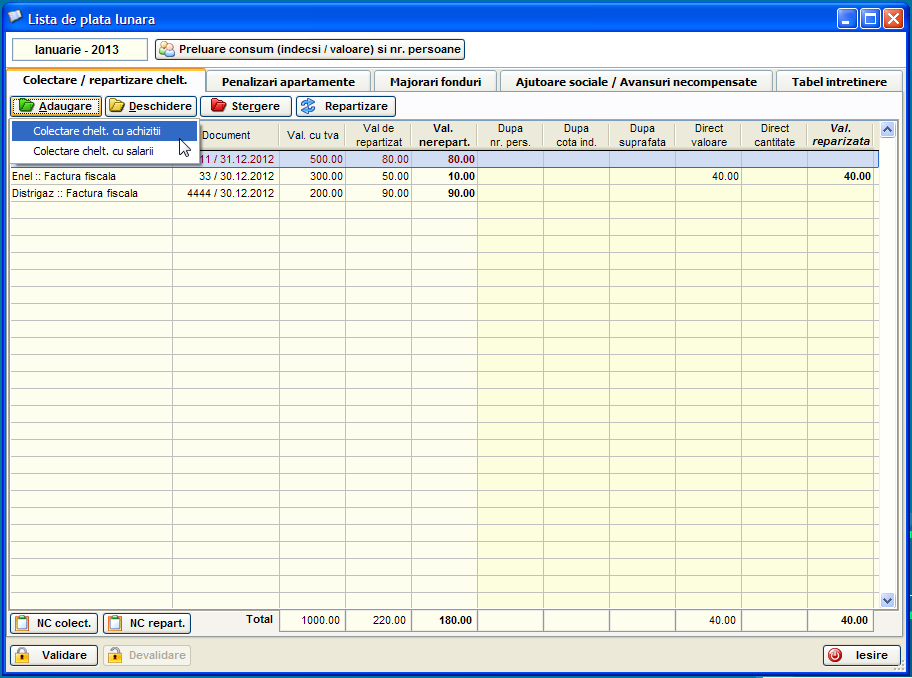 Ecranul cu lista de cheltuieli introduse intr-o anume luna, cu meniul de adaugare deschis in care se poate alege 'colectare chelt. cu achizitii' sau 'colectare chelt. cu salarii'
