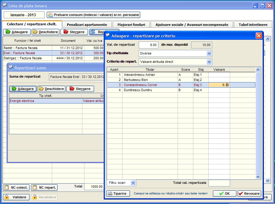 Ecranul de repartizare in care este selectat criteriul 'Valoare atribuita direct' iar in lista se observa cum se repartizeaza direct o suma unui apartament