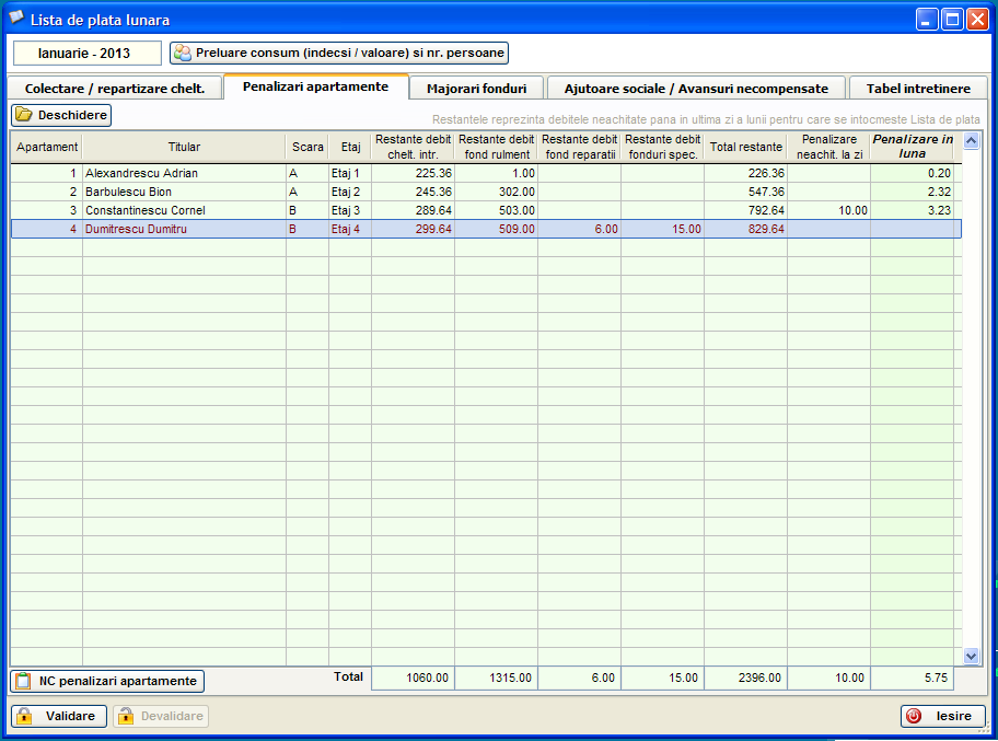 Pagina de penalizari in care se pot observa restantele apartamentelor si in care se poate introduce valoarea penalizarii atribuite rau-platnicilor