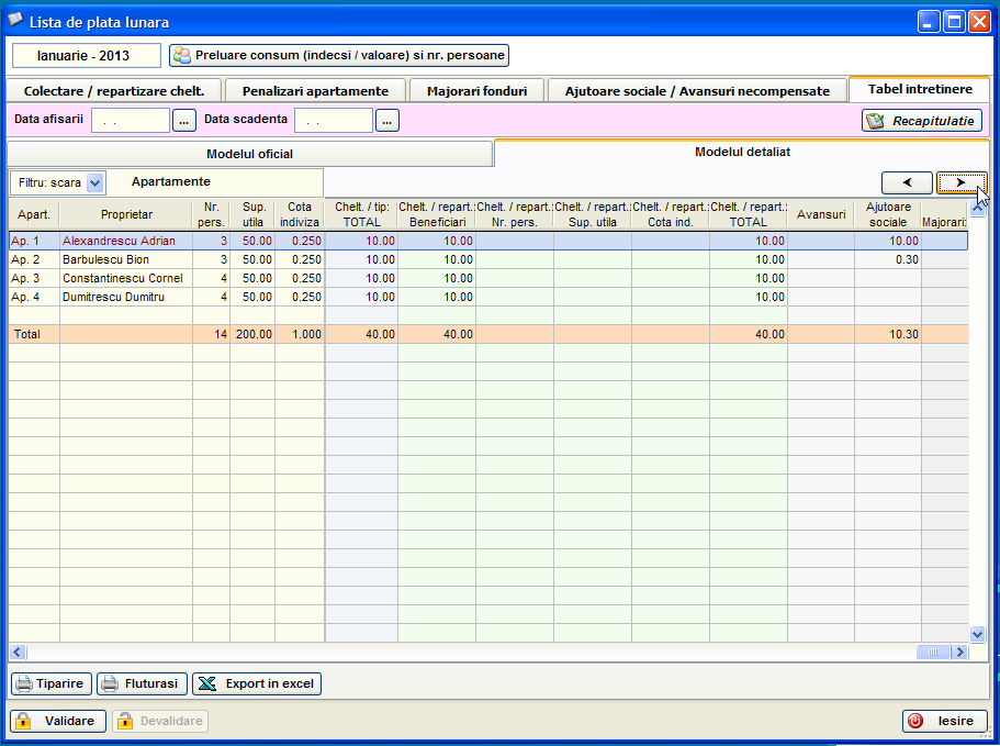 Pagina cu modelul detaliat al tabelului de intretinere in care sunt afisate cateva din coloanele sale, in partea superioara se observa filtru de scara si butoane de navigare orizontala, sub tabel se observa butonul de tiparire si export in excel si butonul de tiparire a fluturasilor