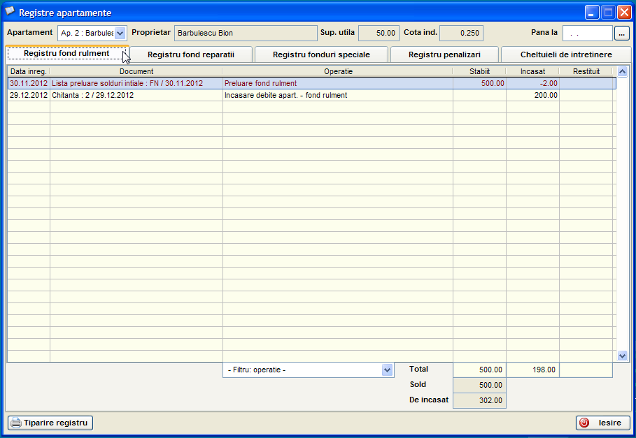 Raportul 'Registre apartamente' afisat pentru un apartament avand selectat registrul fond rulment in acre se observa o opertaie de preluare fond rulment si o operatie de incasare debite apartamente - fond rulment