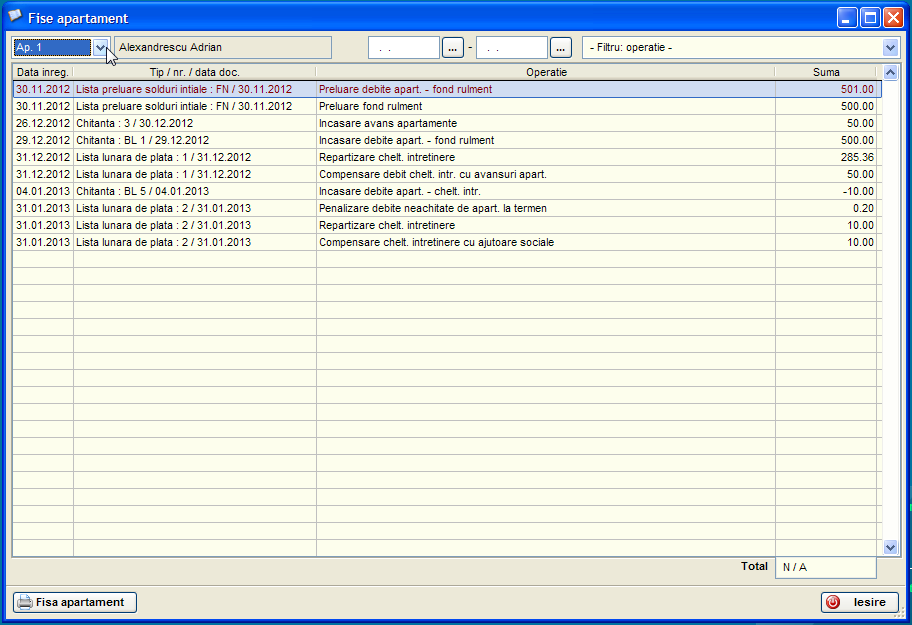 Raportul 'Fise apartament' afisat pentru un apartament in care se observa cateva operatii de preluare, trezorerie, cheltuieli de intretinere repartizate orin liste lunare de plata
