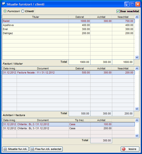 Raportul 'Situatie furnizori / clienti' in care se observa o lista de furnizori, apoi o lista cu facturile furnizorului selectat si o lista cu incasarile facturii selectate