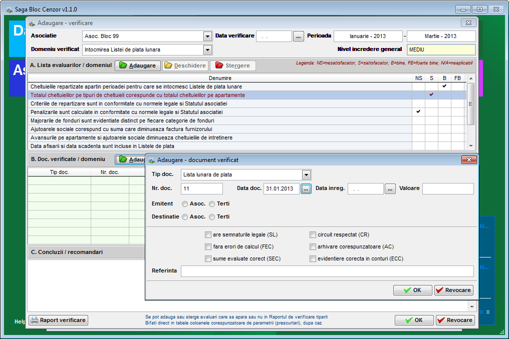 Ecranul pentru introducerea unei operatii de verificare a documentelor asociatiei pe doemnii de verificare si lista de evaluari