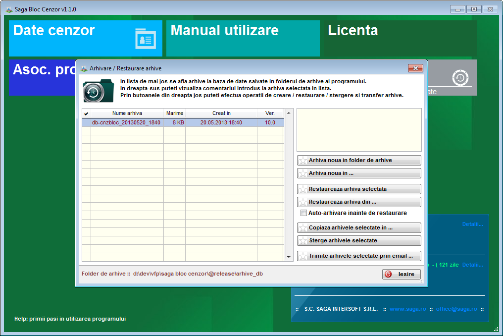Ecranul pentru arhivarea bazei de date in scopul pastrarii unui backup si a transferului acesteia