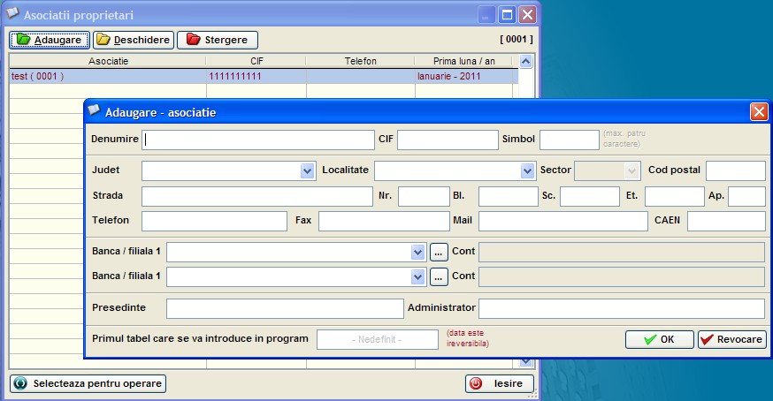 Ecranul de selectiei a asociatiei de proprietari pentru care se tine contabilitatea si editarea datelor asociatiei de proprietari