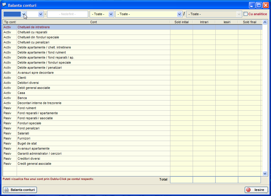 balanta conturilor in care este afista pentru fiecare cont in parte, sintetic sau analitic, pentru o anumita perioada, soldul initial, rulajele si soldul final