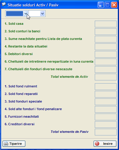 o situatie a soldurilor de activ si pasiv cu posibilitatea selectarii perioadei