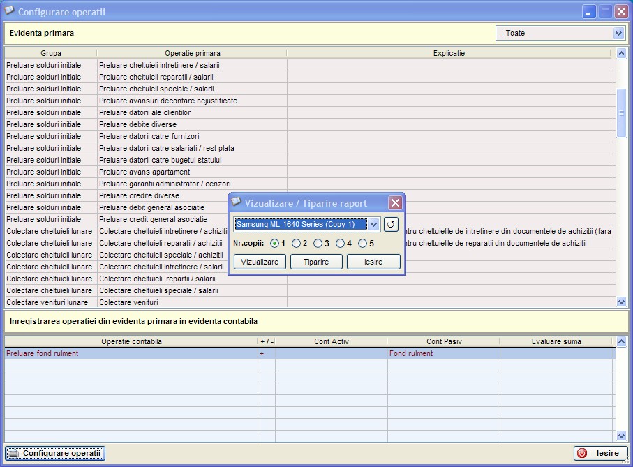 Fiecare operatie din programul Saga Bloc Conta are o configurare contabila, aceasta determinand articolele contabile generate in registru contabil pentru operatia respectiva