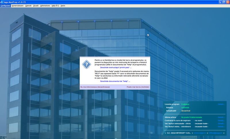 programul saga manprop dupa deschidere, cu meniul deasupra ferestrei de lucru a programului si chenar pe centru care indeamna utilizatorul sa citeasca help-ul sau macar articolul "primii pasi"